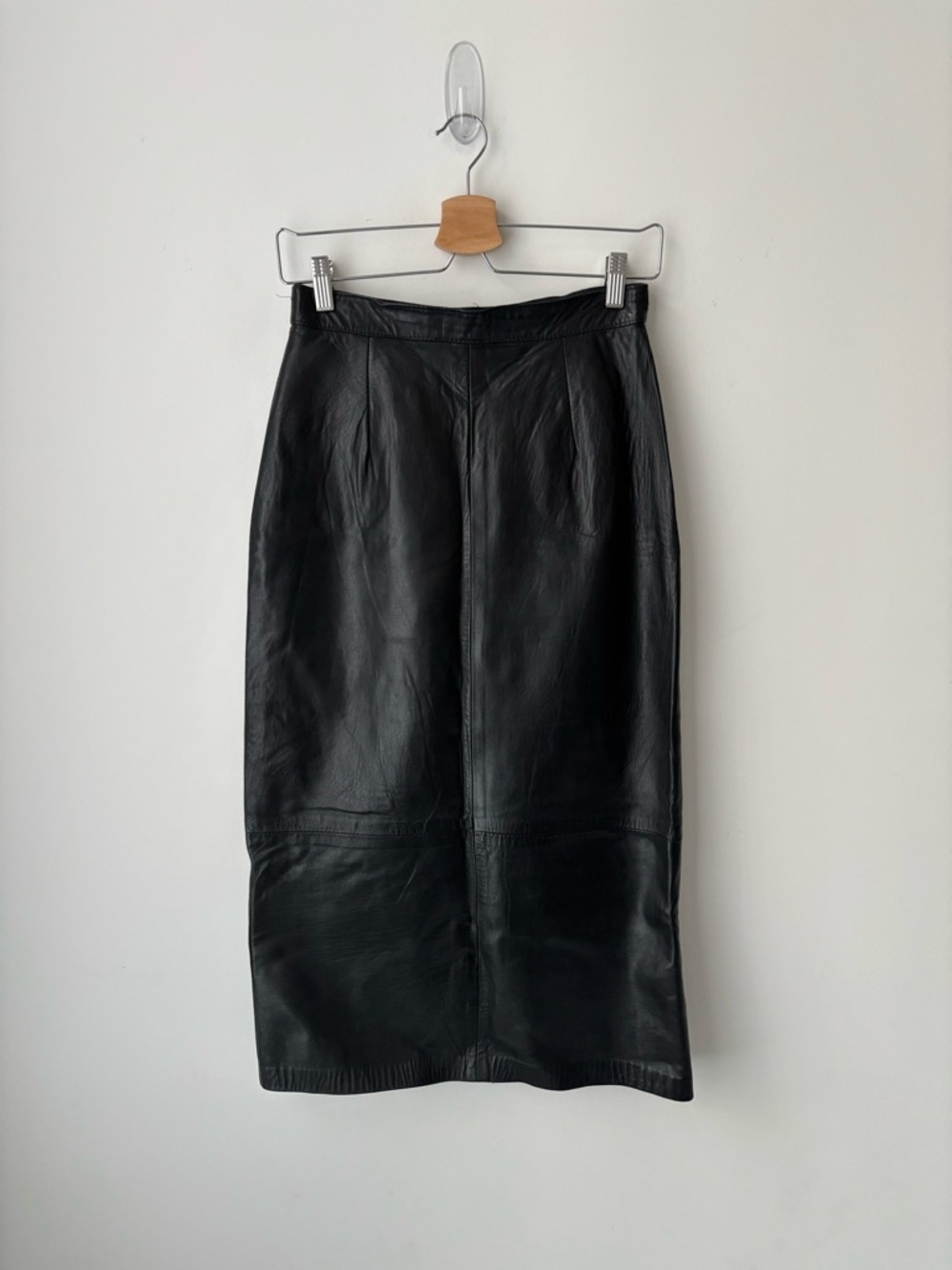 Vintage Leather High Waisted Midi Skirt Black | Size 8 | Fully Lined